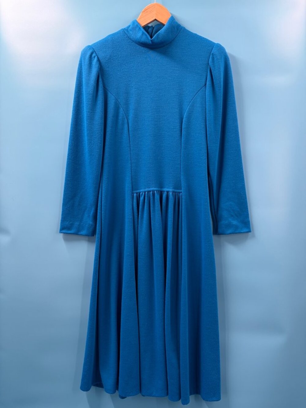 Vintage 70s 80s SM Royal Blue Knit Secretary Dress Mandarin Collar HHR USA made